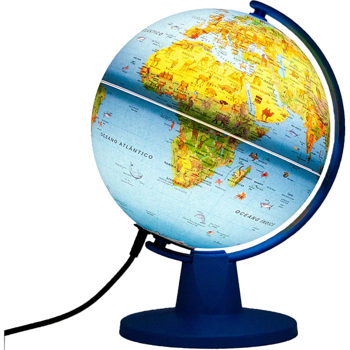 Globo Tecnodidattica Giacomino Luce Safari de 16cm, com mapa de animais selvagens vibrante e iluminado, em fundo branco.
