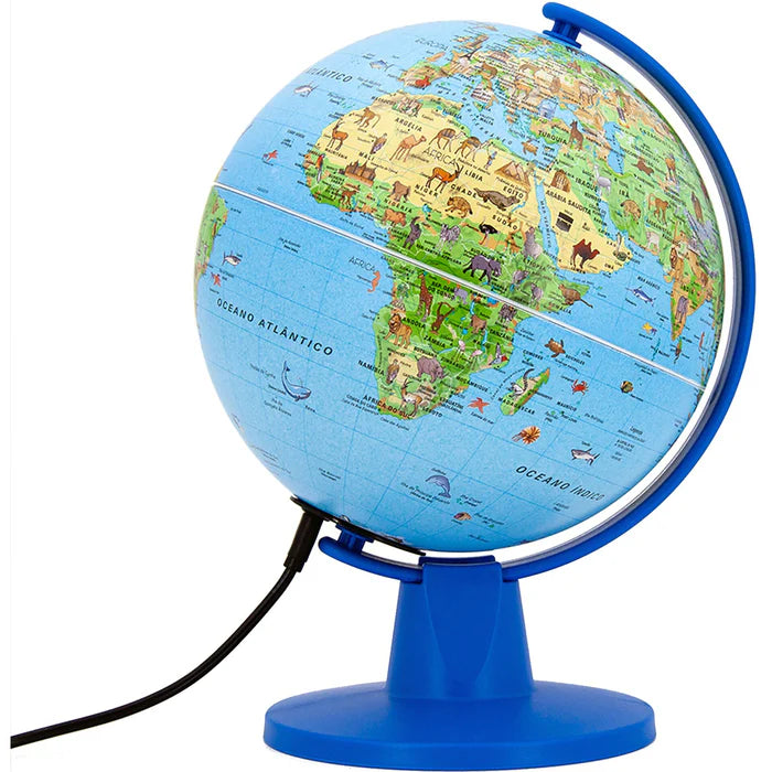 Globo Tecnodidattica Giacomino Luce Safari de 16cm, com mapa político e ilustrações de animais, desligado, em fundo branco.