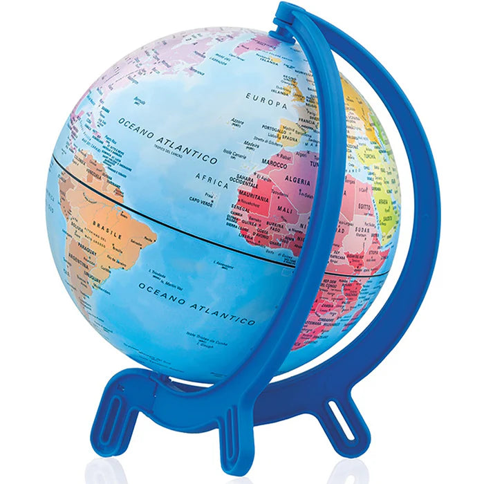 Globo terrestre Tecnodidattica Giacomino Continenti de 16cm em azul, mostrando Europa, África e América do Sul.