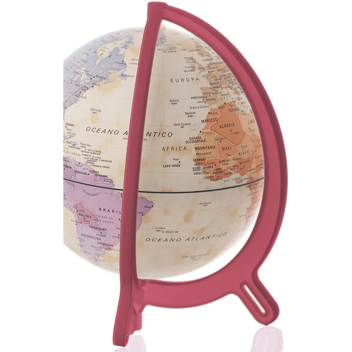 Globo terrestre Tecnodidattica Giacomino Antique de 16cm com base e meridiano em vermelho, focando na Europa e África.