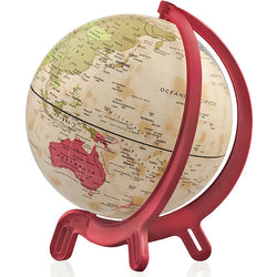Globo terrestre Tecnodidattica Giacomino Antique de 16cm com base e meridiano em vermelho, mostrando a Ásia e a Austrália.