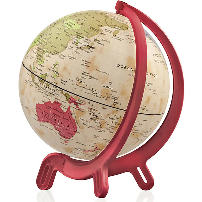 Globo terrestre Tecnodidattica Giacomino Antique de 16cm com base e meridiano em vermelho, mostrando a Ásia e a Austrália.