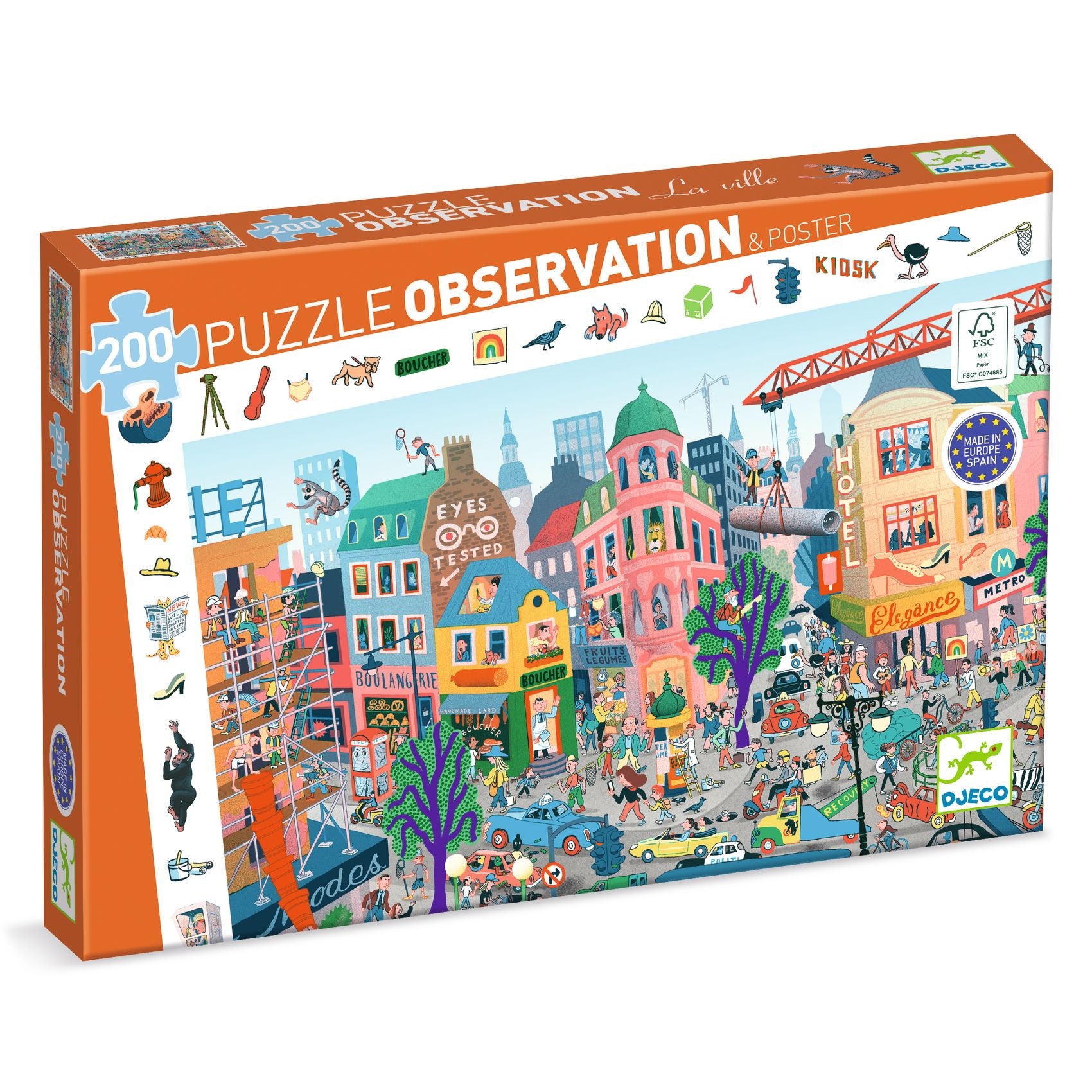 Caixa do puzzle Djeco Observação A cidade 200 peças, mostrando a ilustração completa e vibrante da cidade.