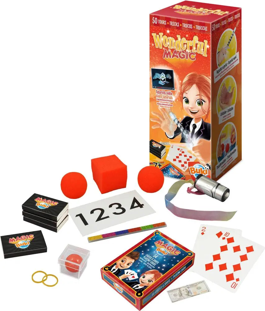 Outra variação do kit de magia Buki, mostrando diferentes acessórios como bolas de espuma, cartas numeradas e notas falsas.