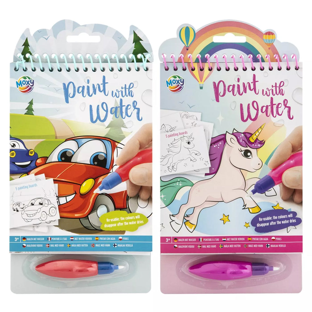 Embalagens do Moxy Livro de Pinta com água reutilizável, mostrando os temas Carros e Unicórnio, com a caneta de água incluída.