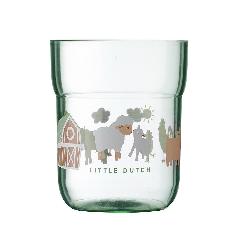 Little Dutch Copo Aberto 250ml com estampa de quinta e animais, em tons de verde.