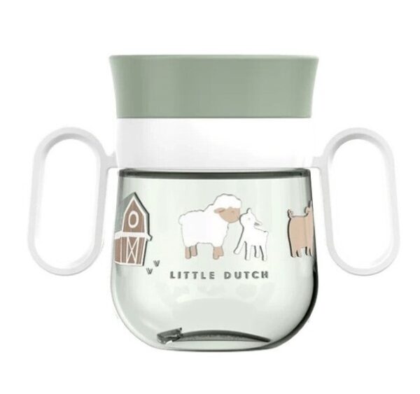 Copo de treino Mepal 360º da Little Dutch, coleção Little Farm, com 200ml, asas brancas e ilustrações de ovelhas e um celeiro.