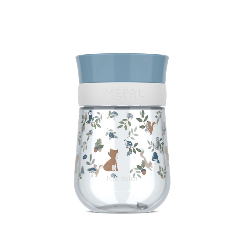 Copo de treino Little Dutch Mepal 360º Forest Friends 300ml em fundo branco, mostrando o design de animais e folhas.