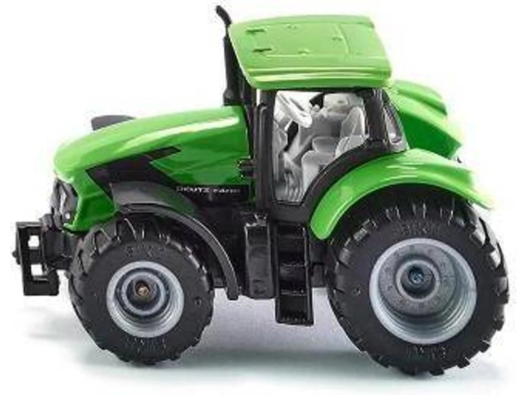 Vista lateral de perto da miniatura do trator Deutz-Fahr TTV 7250 Agroton SIKU, mostrando a cor verde brilhante, as rodas grandes com piso robusto e a cabine detalhada.