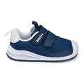 Sapatilha barefoot BabyFree em mesh azul marinho, vista lateral, com velcro duplo e sola branca