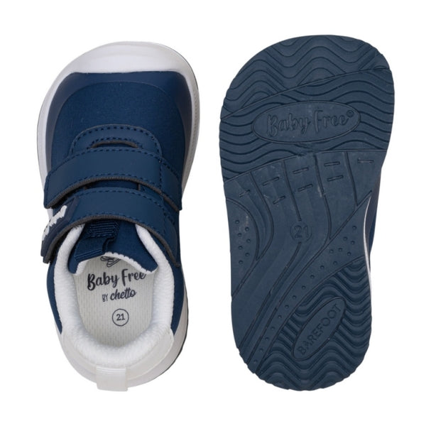 Sapatilha barefoot BabyFree em mesh azul marinho, vista de cima e sola flexível