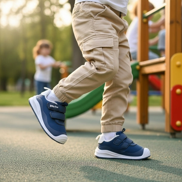 Criança num parque infantil com sapatilhas barefoot BabyFree em mesh azul marinho
