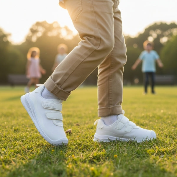 Criança a caminhar na relva com sapatilhas barefoot BabyFree em mesh branco