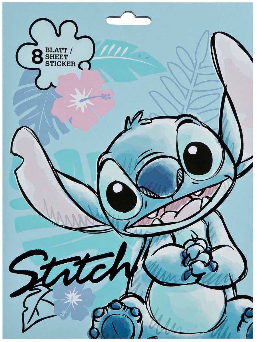 Embalagem do Creative Craft Conjunto De Autocolantes Lilo e Stitch, mostrando o Stitch sorridente e a indicação de 8 folhas.