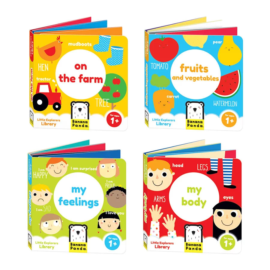 Quatro livros em acordeão Banana Panda abertos, mostrando as capas e algumas páginas ilustradas dos temas "Na Quinta", "Frutas e Vegetais", "Os Meus Sentimentos" e "O Meu Corpo".