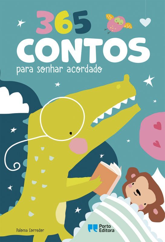 Capa do livro infantil "365 Contos Para Sonhar Acordado" com ilustração de um dinossauro de óculos a ler para um macaco deitado na cama.