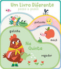 Ilustração de livro com tema "Na Quinta" apresentando uma galinha a regar, um pintainho, uma maçã e um regador, com as palavras "galinha", "pintainho", "maçã" e "regador".