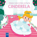 Capa do livro infantil "Cinderela" da coleção Primeiros Contos de Fadas com Pop-Up, com a personagem principal num vestido azul a descer escadas.