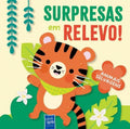 Capa do livro infantil YoYoBooks "Surpresas em Relevo - Animais Selvagens", mostrando um tigre sorridente rodeado de vegetação.