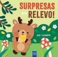 Capa do livro infantil YoYoBooks "Surpresas em Relevo - No Campo", com um veado a comer uma bolota num cenário de floresta.