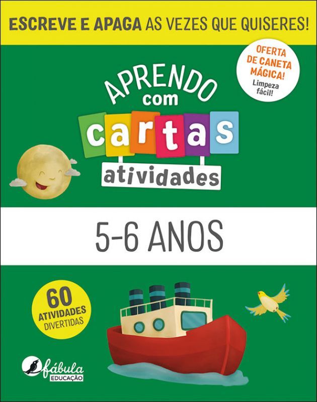Capa do conjunto 'Fábula Aprendo com Cartas - Atividades 5-6 anos', mostrando ilustrações e os principais benefícios como 'escreve e apaga' e '60 atividades'.