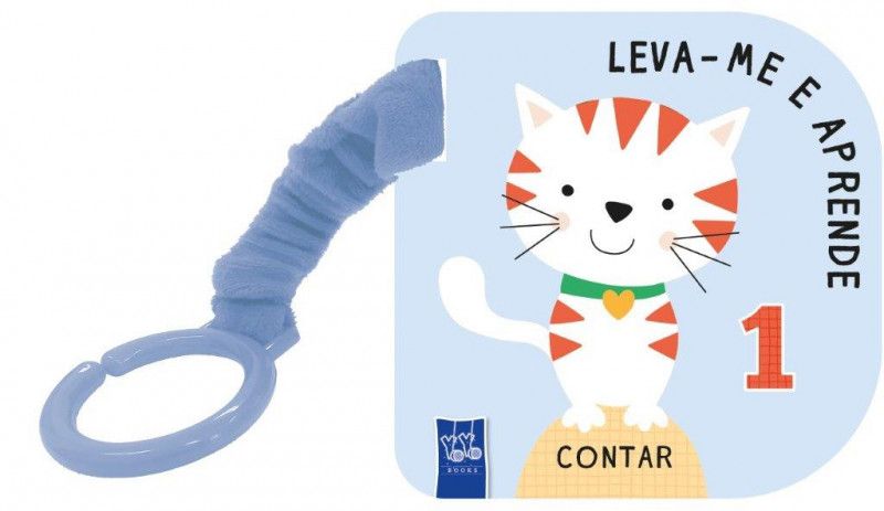 Livro para bebé 'Leva-me e Aprende: Contar' da YOYO Books, com capa azul, um gato ilustrado e argola de fixação azul.