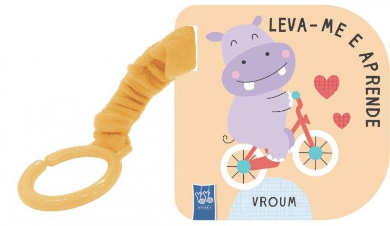 Livro de cartão 'Leva-me e Aprende: Vroum' da YOYO Books, com um hipopótamo numa bicicleta e fita elástica laranja para transporte.