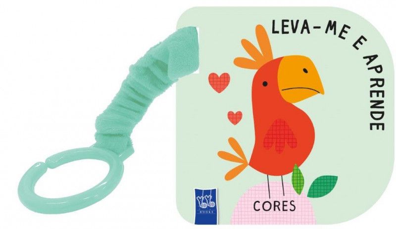 Livro didático 'Leva-me e Aprende: Cores' da YOYO Books, mostrando um papagaio colorido na capa e fita verde para prender.
