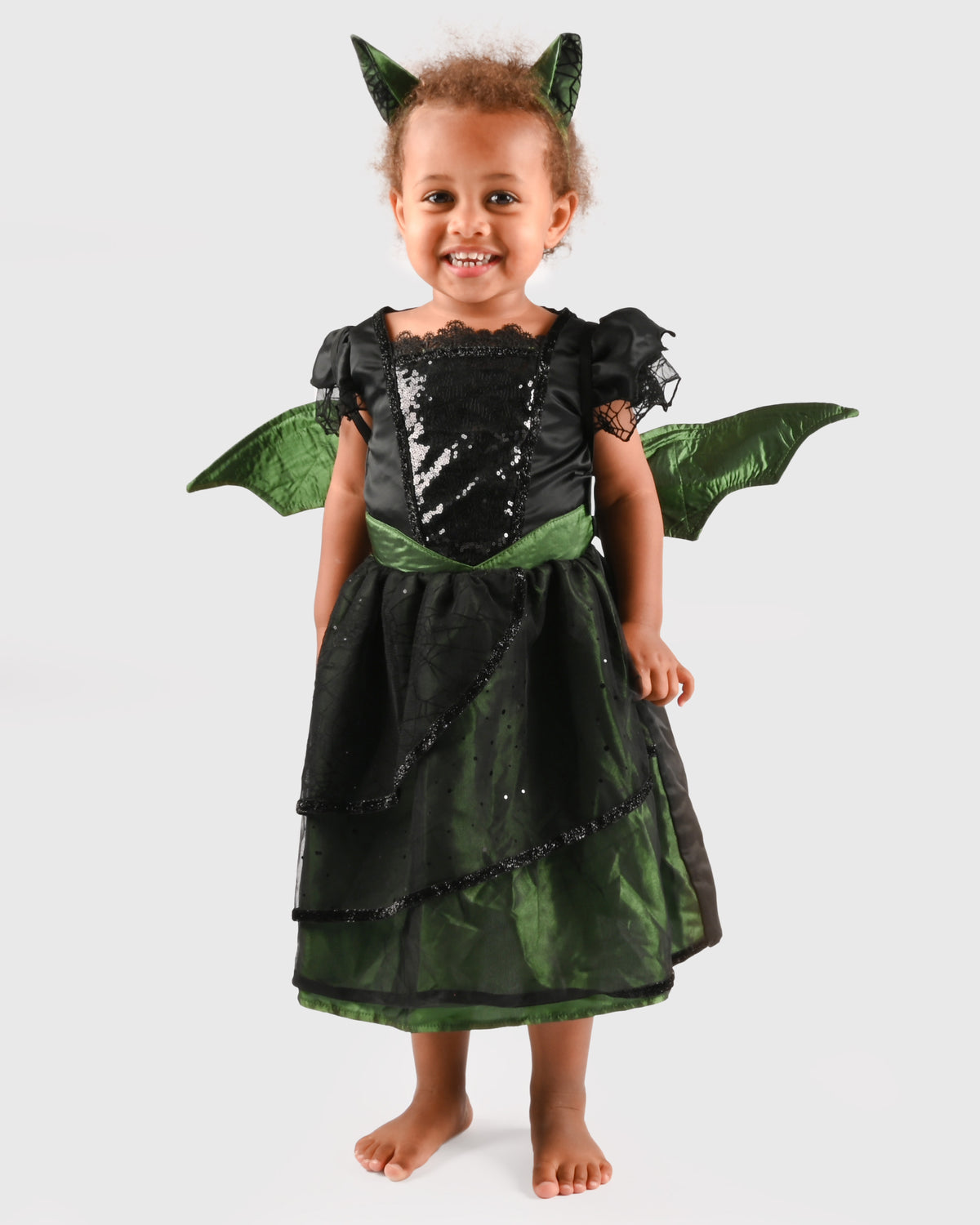 Vestido princesa morcego verde-escuro e preto da Den Goda Fen com asas e fita de cabelo, disfarce para criança