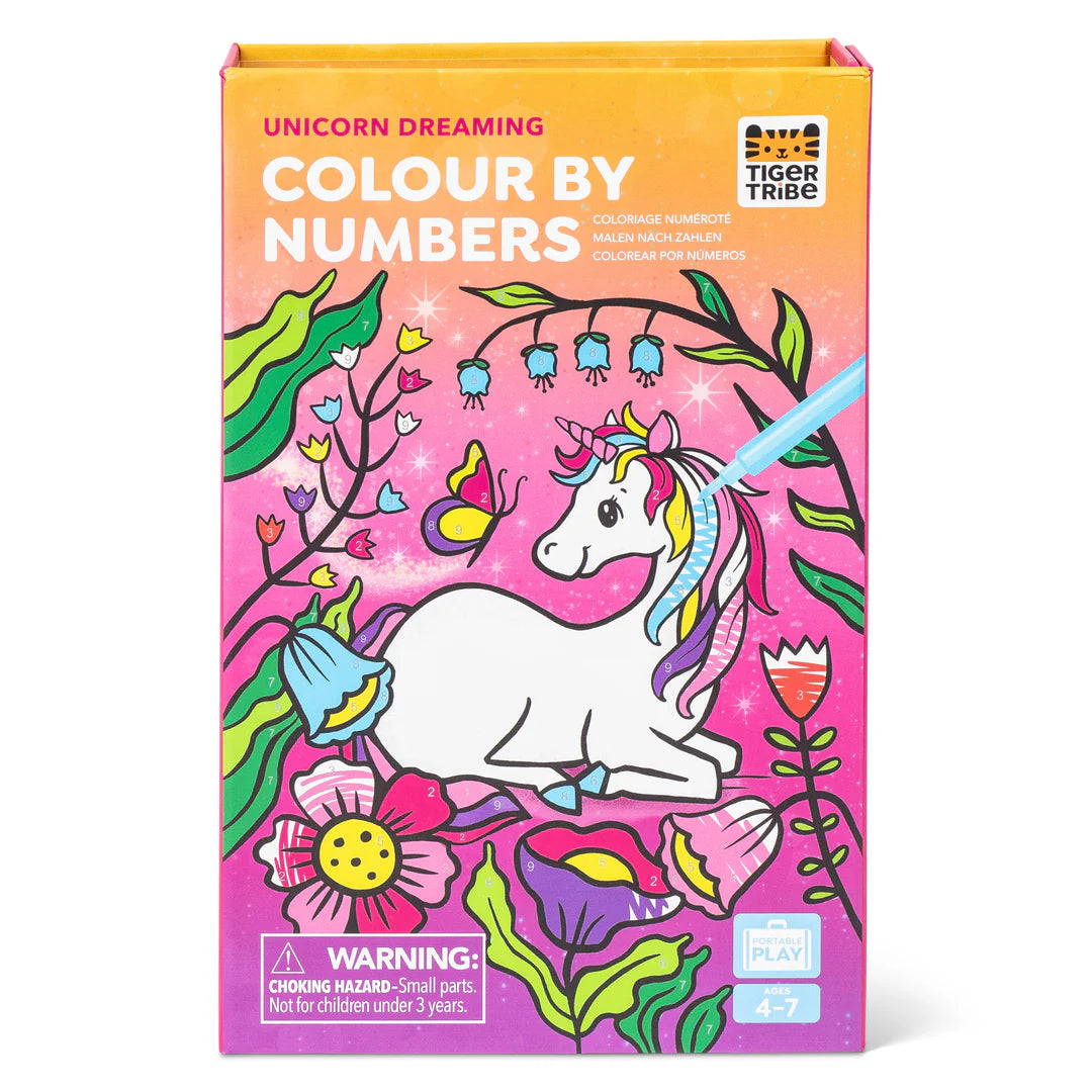 Embalagem do Tiger Tribe Conjunto para Colorir com números "Unicorn Dreaming", exibindo um unicórnio colorido e flores, com a marca Tiger Tribe e indicação de idade 4-7 anos.