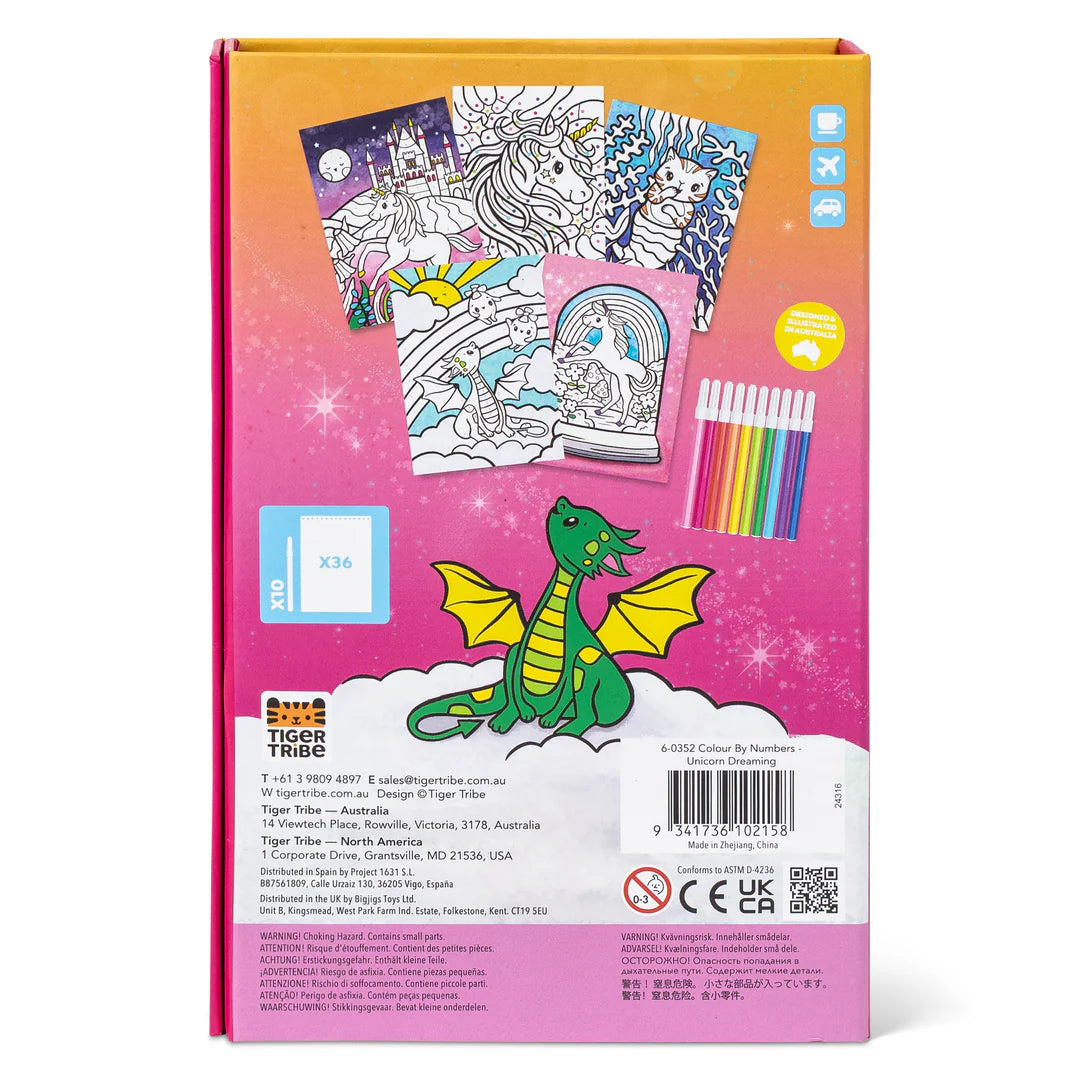 Vista traseira da embalagem do Tiger Tribe Conjunto para Colorir com números, mostrando exemplos de ilustrações, os 36 desenhos, os 10 marcadores e informações do fabricante.