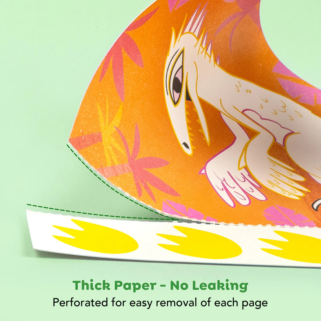 Demonstração do papel grosso do conjunto de aguarela, com uma página a ser destacada pela linha de perfuração, indicando que não há sangramento de tinta.