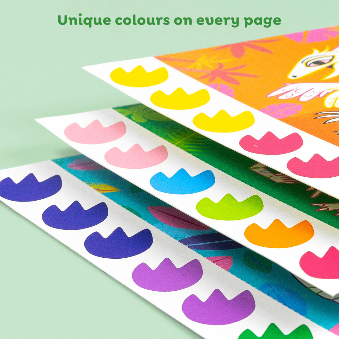 Pilha de páginas do conjunto de aguarela, mostrando as tiras de pigmentos de cores variadas (amarelo, rosa, azul, verde, roxo).