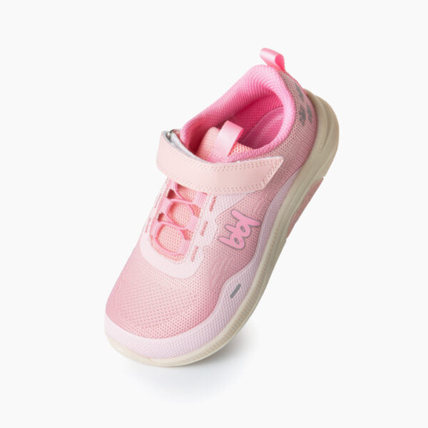 Sapatilha Baby Lobitos Barefoot Sport Core rosa, vista lateral superior, destacando o fecho de velcro e a malha respirável.