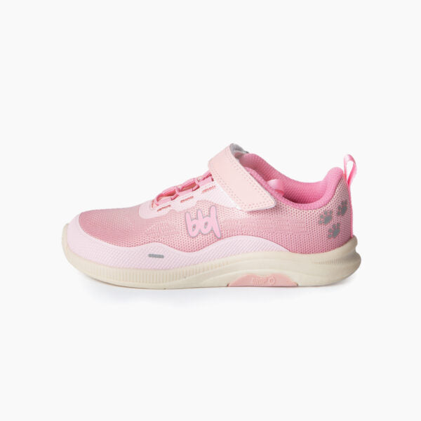Sapatilha Baby Lobitos Barefoot Sport Core rosa, vista lateral completa, realçando a sola fina e o design geral.
