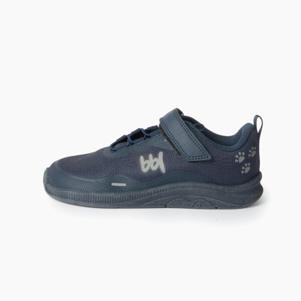 Sapatilha Baby Lobitos Barefoot Sport Turbo azul, vista lateral, realçando a sola fina e o logótipo.
