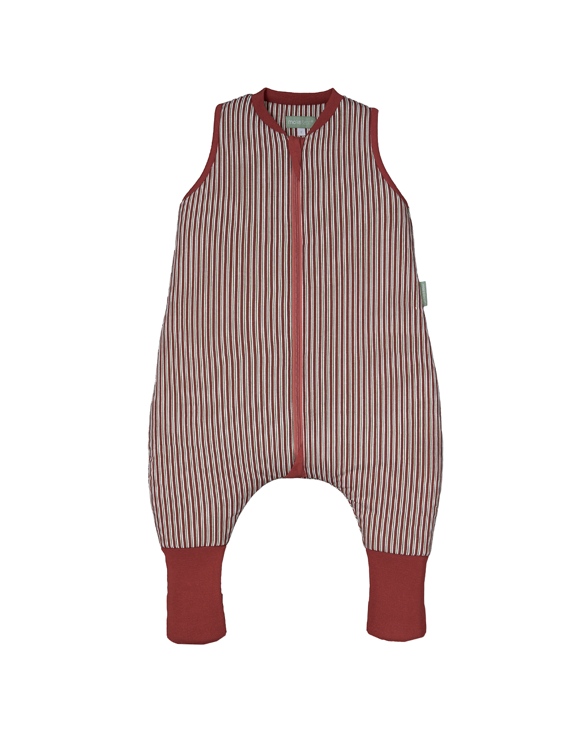 Pijama manta MolisandCo TOG 2.5 com pés e meias antiderrapantes na cor Burgundy Stripes, vestido por uma criança