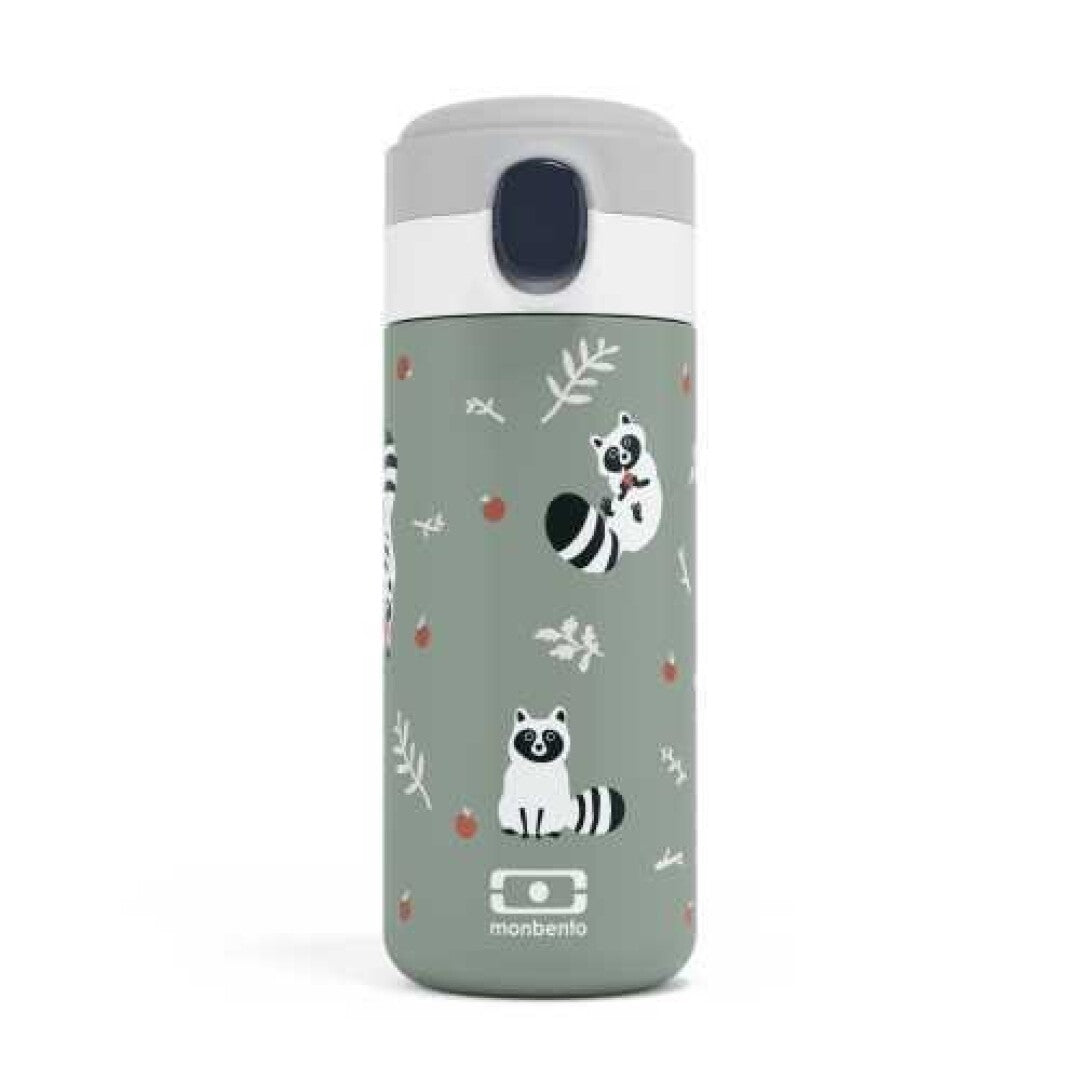 Garrafa térmica Monbento MB Pop de 360 ml com padrão Raccoon e tampa de bico com botão de segurança