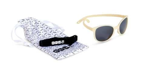 Kietla Óculos de Sol Wazz Ivory, alça ajustável preta e bolsa de transporte estampada.