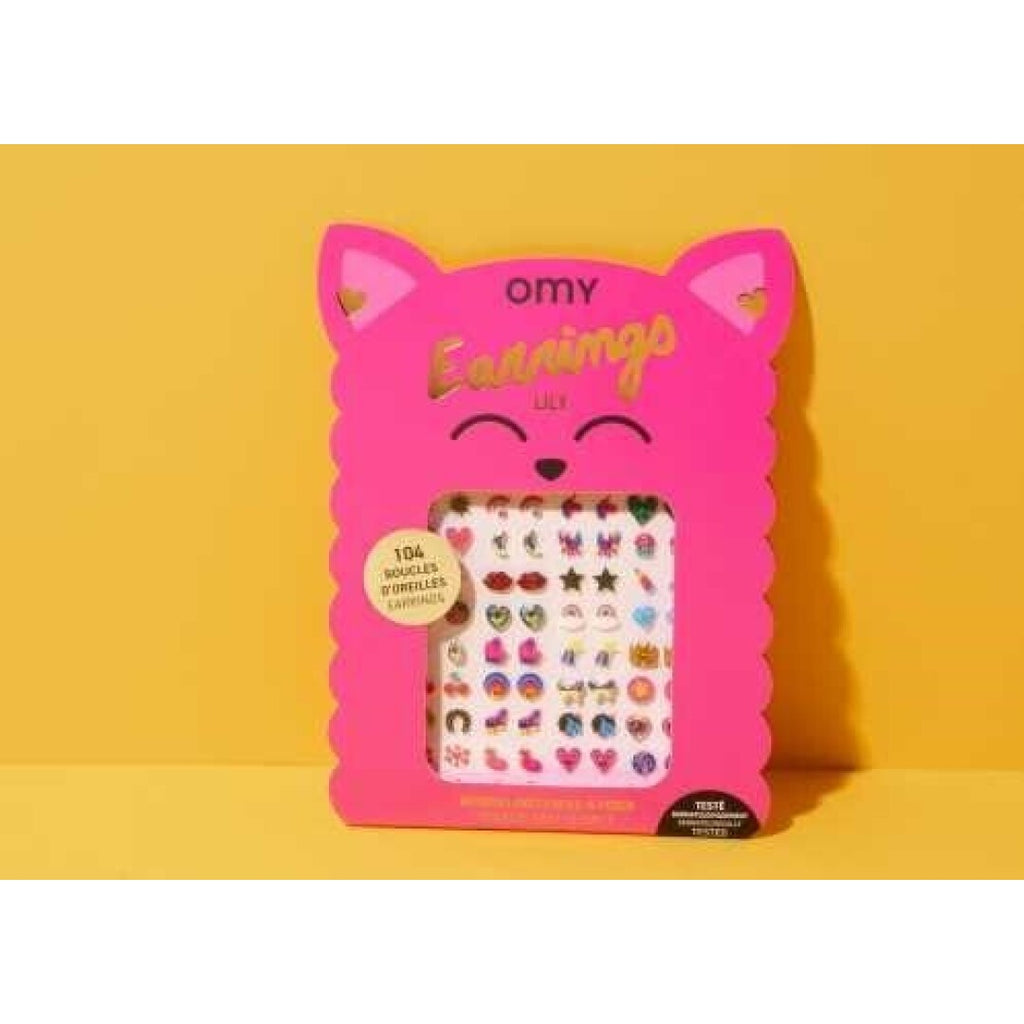 Embalagem em forma de gato cor de rosa dos autocolantes brincos OMY, com 104 autocolantes de corações, estrelas e outros padrões.