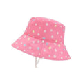 Chapéu de sol infantil Btbox reversível, lado cor-de-rosa com bolinhas brancas, azuis e amarelas, com cordão de ajuste.