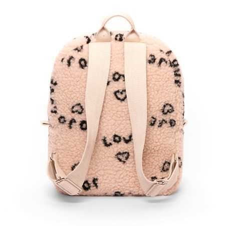 Vista traseira da mochila infantil Btbox JOJO FACTORY BABY TAKE AWAY, mostrando as alças de ombro em algodão bege e o painel traseiro em tecido felpudo com padrões.