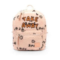 Mochila infantil Btbox JOJO FACTORY BABY TAKE AWAY em tecido felpudo rosa claro com padrão de leopardo preto e texto "TAKE AWAY" em laranja.