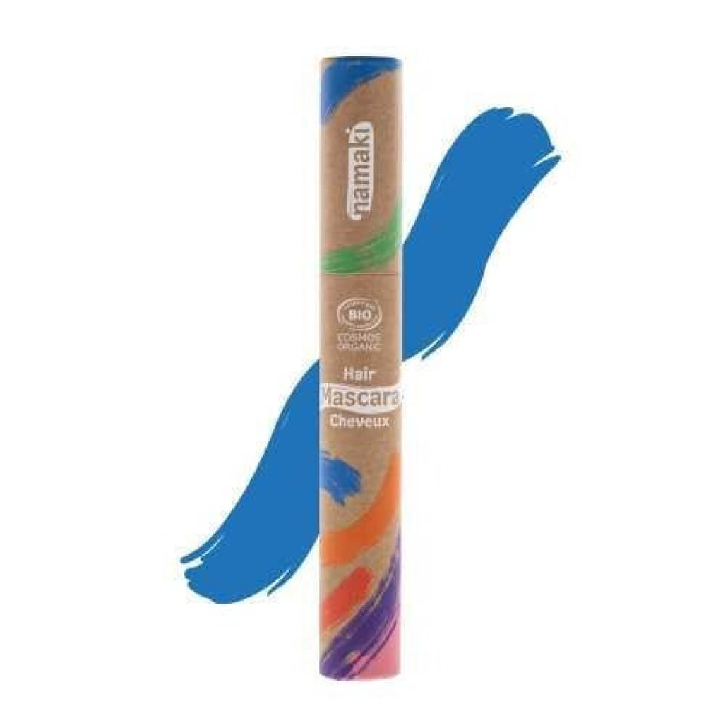 Tubo da máscara de cabelo Namaki azul em embalagem kraft, com amostra de cor azul vibrante.