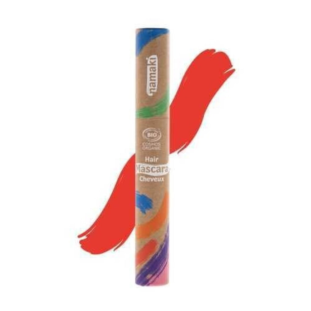 Tubo da máscara de cabelo Namaki vermelho em embalagem kraft, com amostra de cor vermelha vibrante.