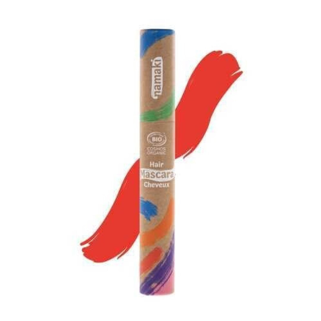 Tubo da máscara de cabelo Namaki vermelho em embalagem kraft, com amostra de cor vermelha vibrante.