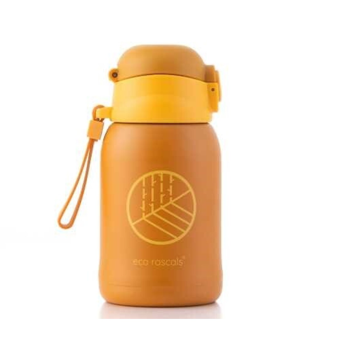Garrafa Eco Rascals Inox 480ml amarela com ilustração de folha e logótipo Eco Rascals, vista frontal.
