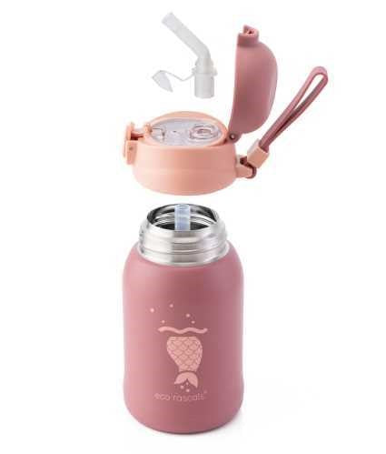 Vista explodida da garrafa Eco Rascals Inox 480ml rosa-claro, com a tampa e a palhinha separadas do corpo da garrafa.