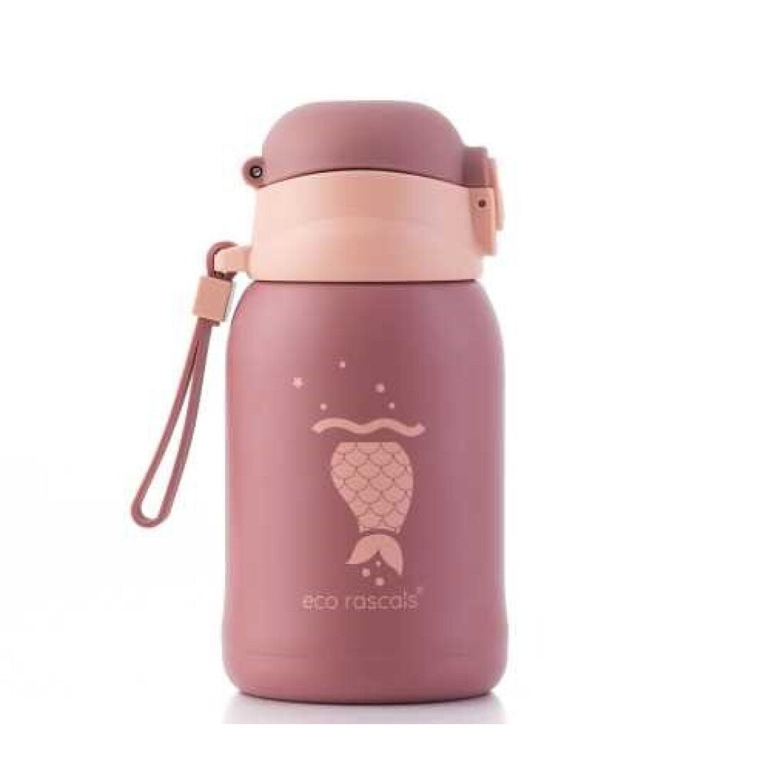 Garrafa Eco Rascals Inox 480ml rosa-claro com ilustração de cauda de sereia e logótipo Eco Rascals, vista frontal.
