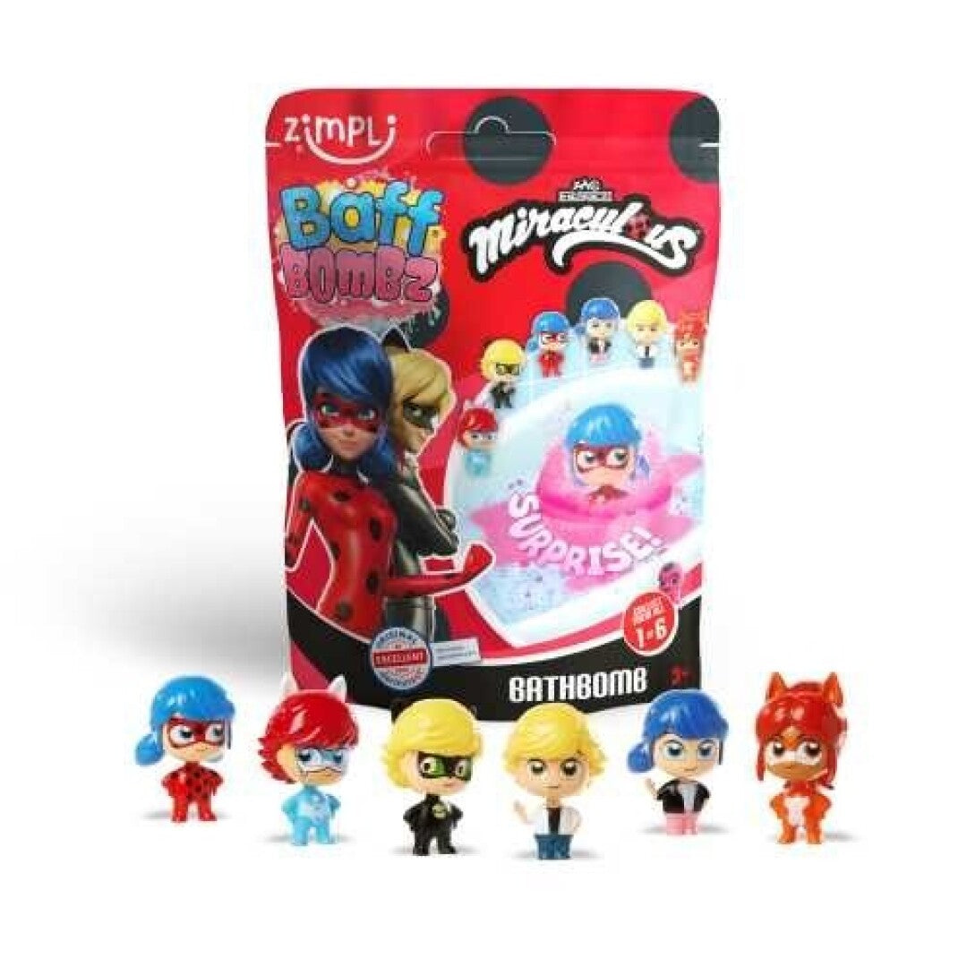Embalagem vermelha da bomba de banho ZIMPLIKIDS LadyBug com personagens Miraculous e seis figuras surpresa colecionáveis em frente.